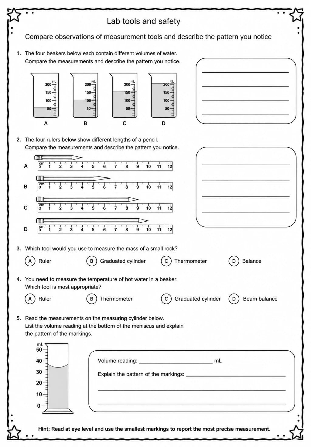 Compare observations of measurement tools and describe the pattern you notice — free printable Middle School Science worksheet