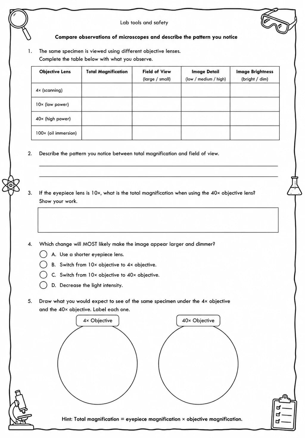 Compare observations of microscopes and describe the pattern you notice — free printable Middle School Science worksheet