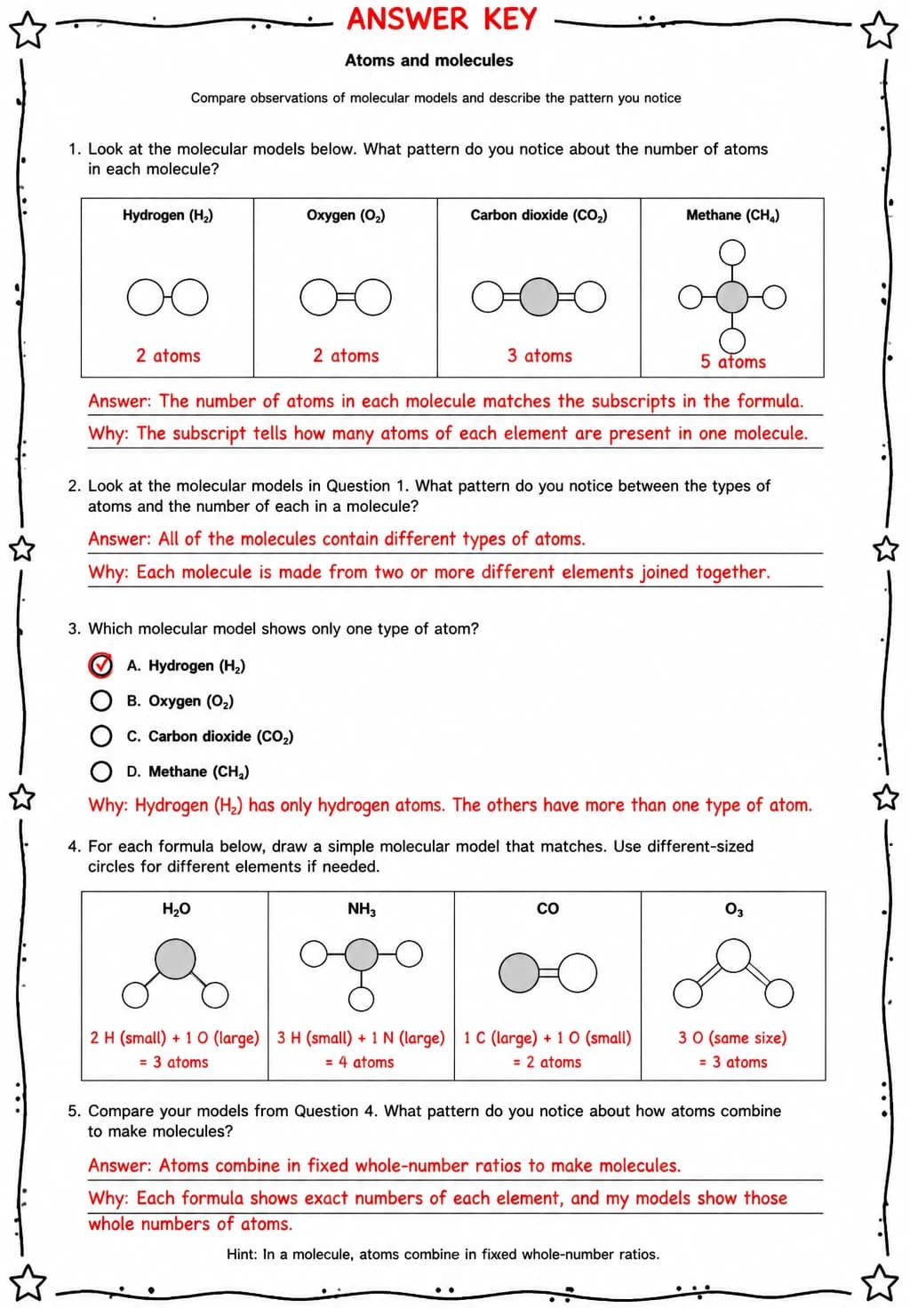 Answer key for Compare observations of molecular models and describe the pattern you notice — free printable Science worksheet