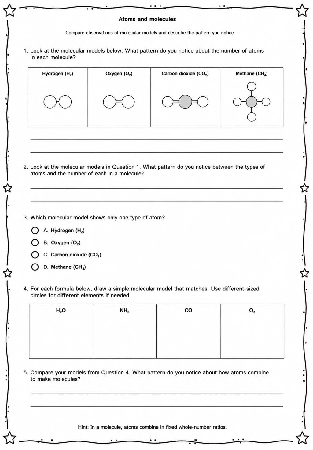 Compare observations of molecular models and describe the pattern you notice — free printable Middle School Science worksheet