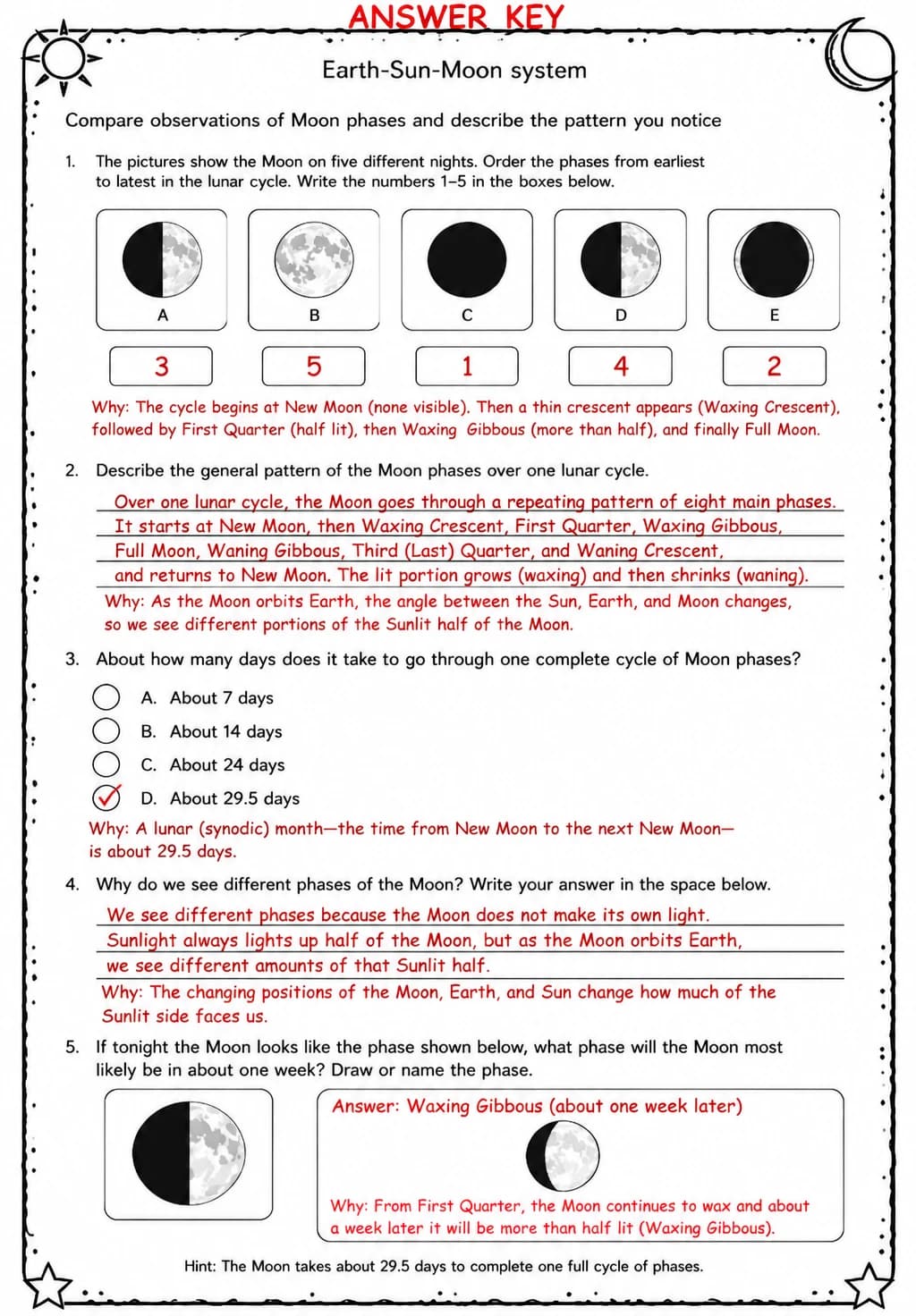 Answer key for Compare observations of Moon phases and describe the pattern you notice — free printable Science worksheet