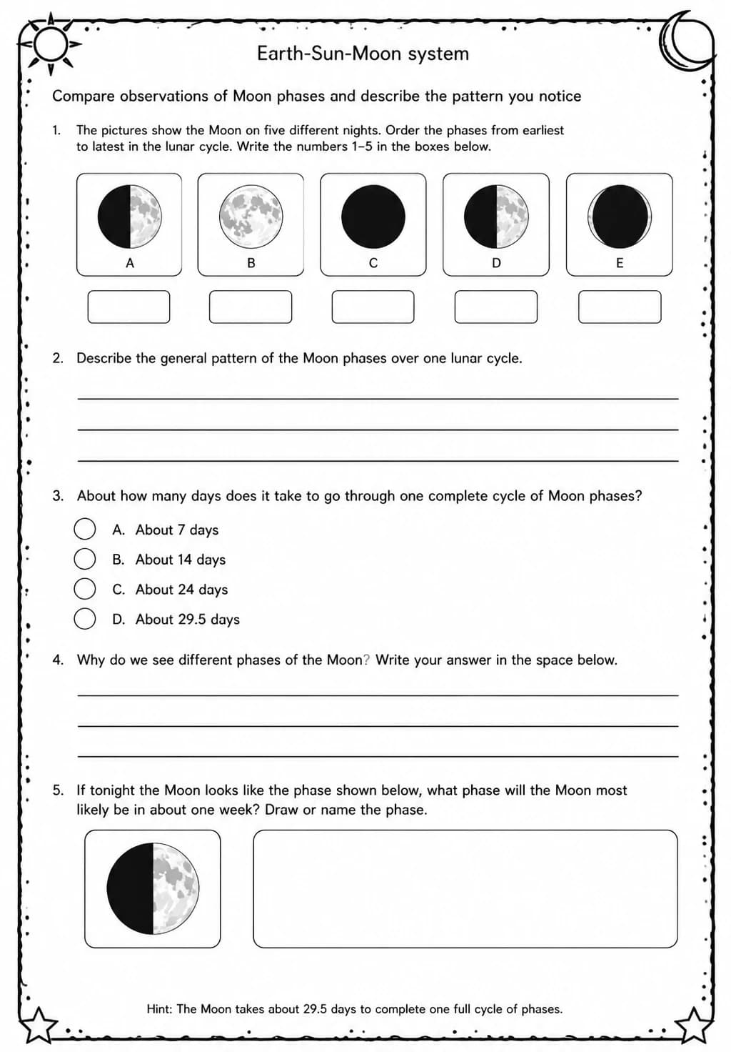 Compare observations of Moon phases and describe the pattern you notice — free printable Middle School Science worksheet