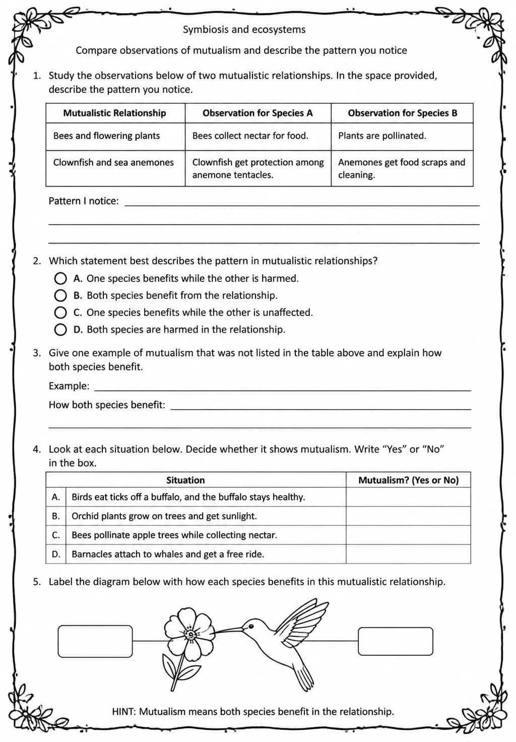 Compare observations of mutualism and describe the pattern you notice — free printable Middle School Science worksheet