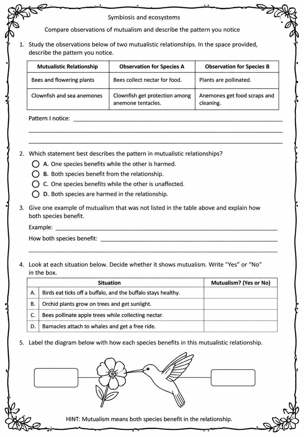 Compare observations of mutualism and describe the pattern you notice — free printable Middle School Science worksheet