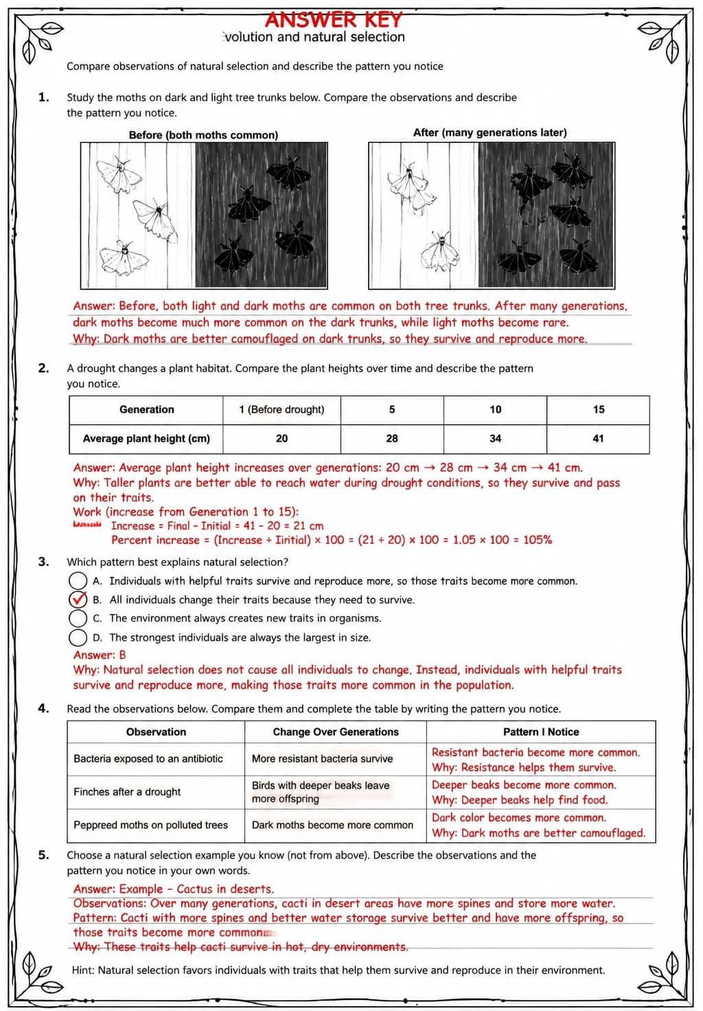 Answer key for Compare observations of natural selection and describe the pattern you notice — free printable Science worksheet