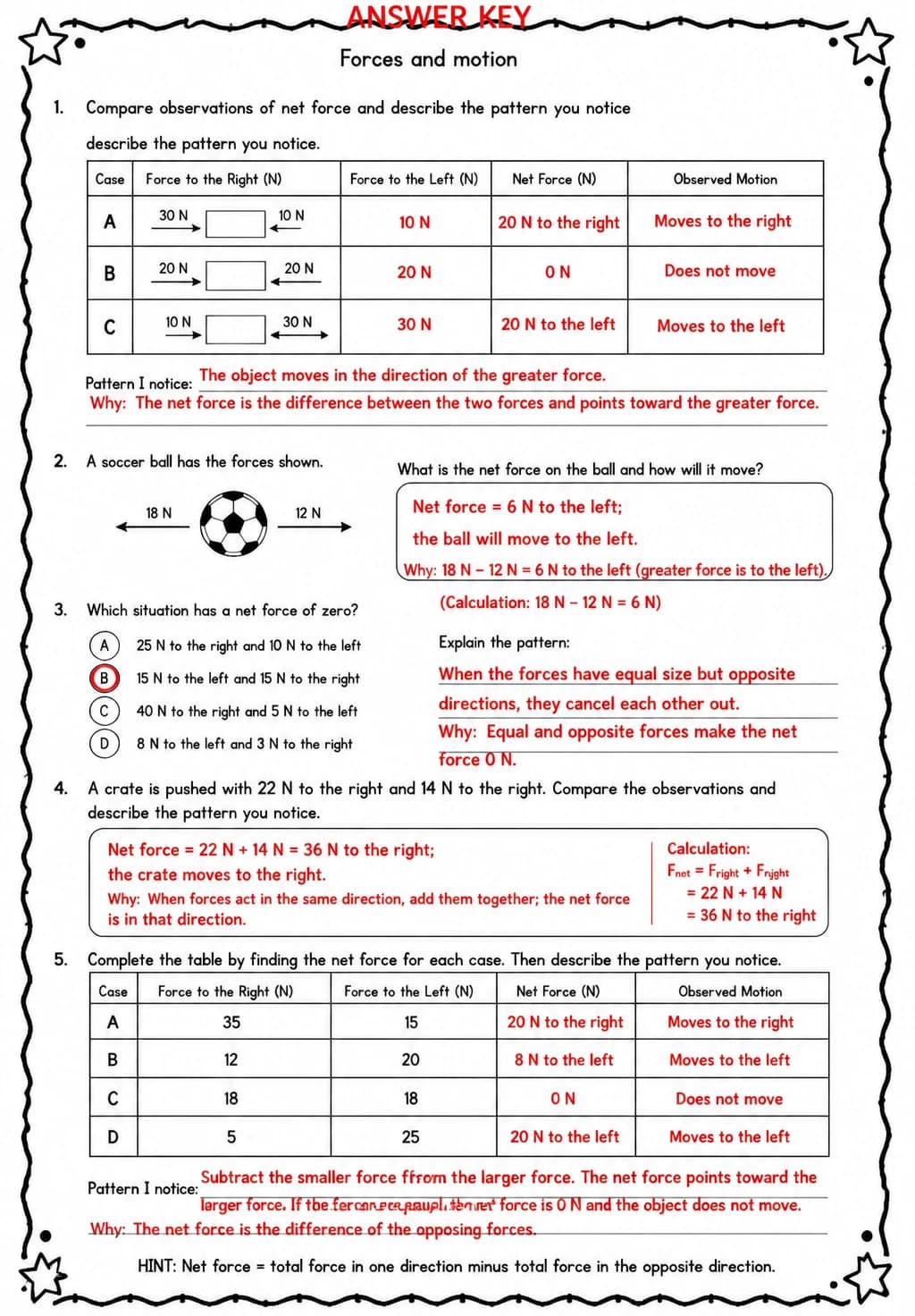 Answer key for Compare observations of net force and describe the pattern you notice — free printable Science worksheet