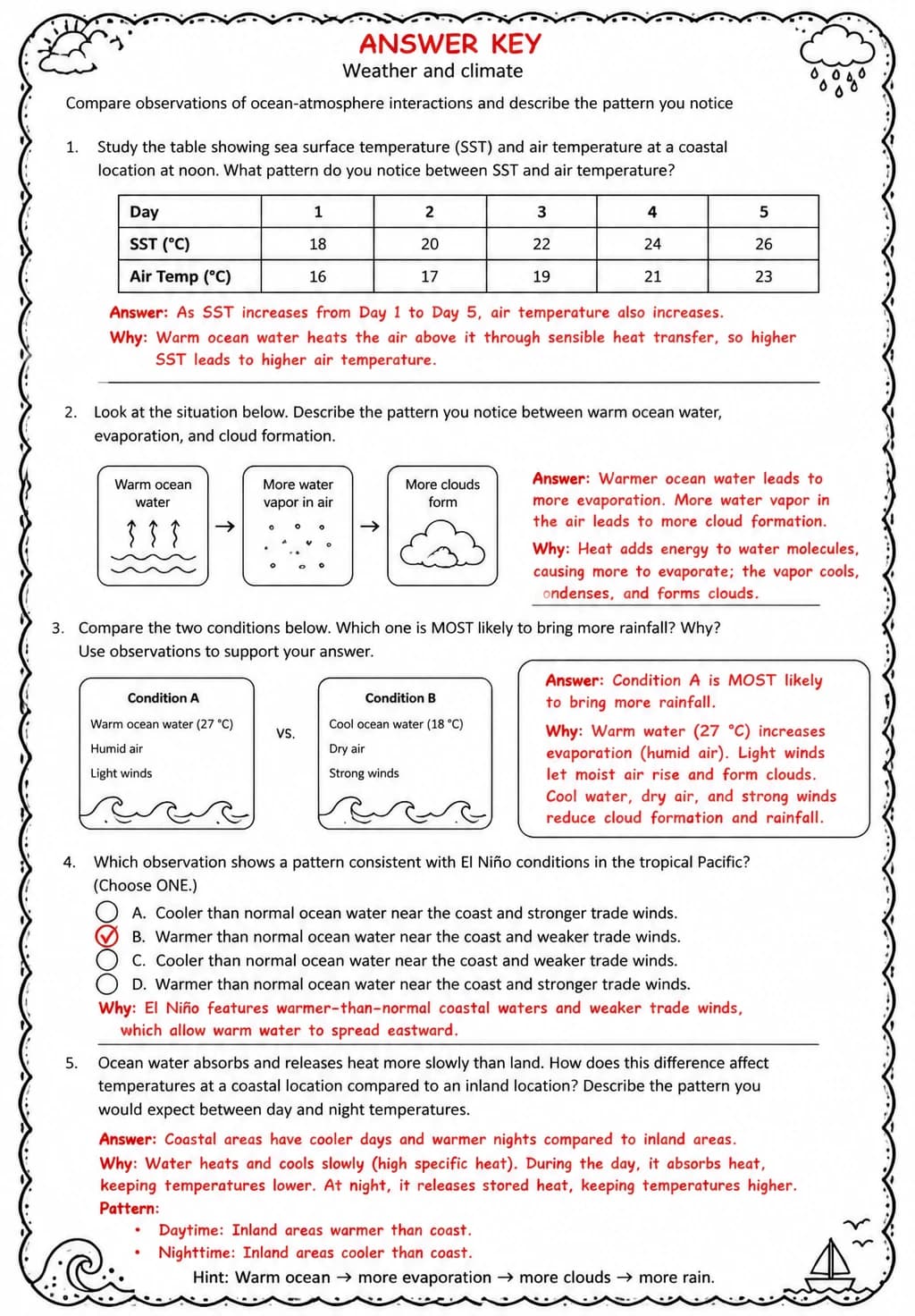 Answer key for Compare observations of ocean-atmosphere interactions and describe the pattern you notice — free printable Science worksheet