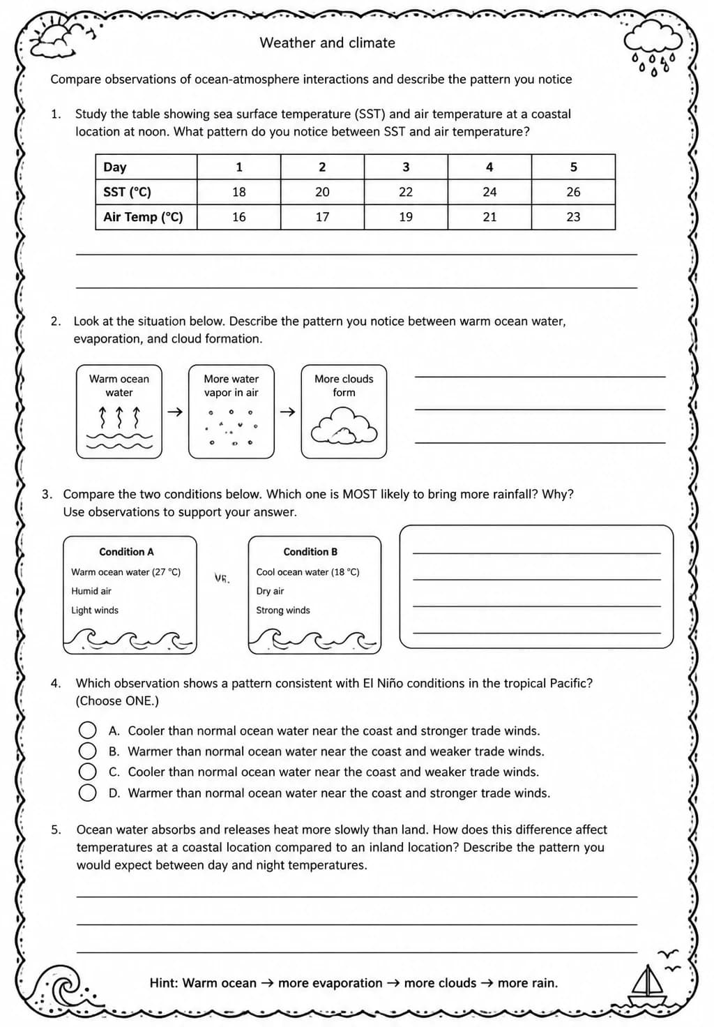 Compare observations of ocean-atmosphere interactions and describe the pattern you notice — free printable Middle School Science worksheet