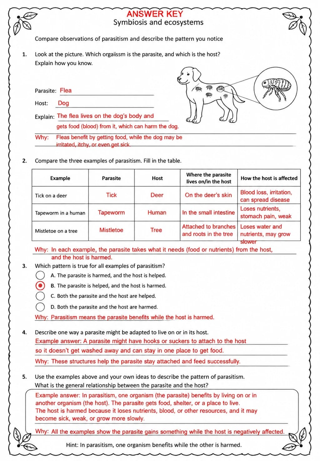 Answer key for Compare observations of parasitism and describe the pattern you notice — free printable Science worksheet