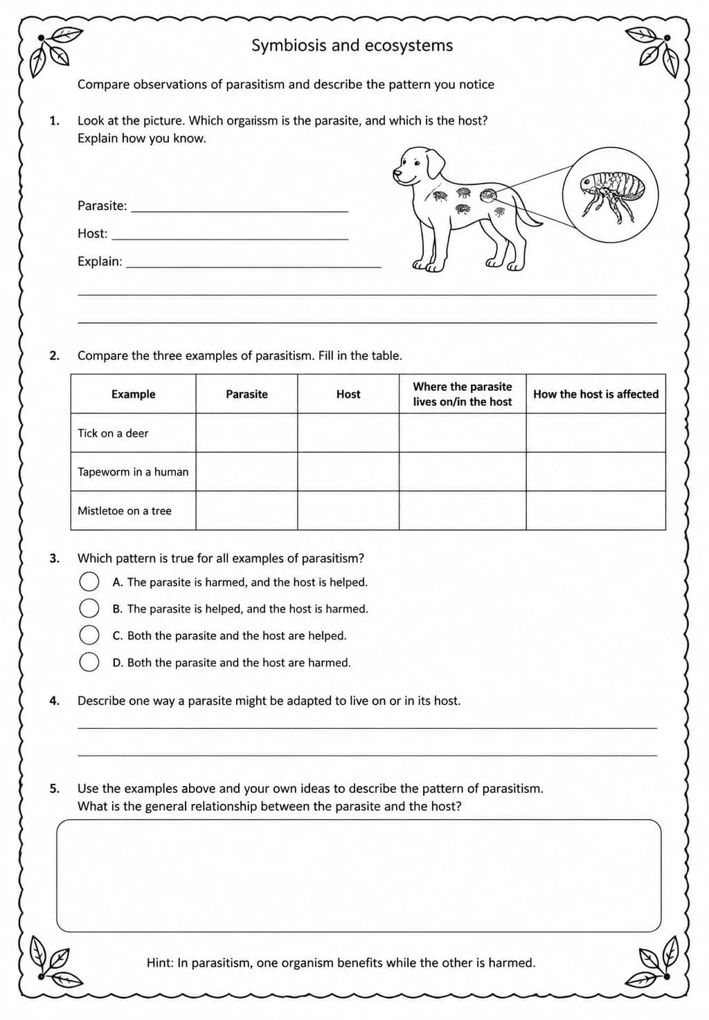 Compare observations of parasitism and describe the pattern you notice — free printable Middle School Science worksheet