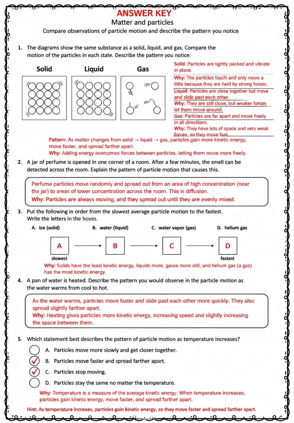 Answer key for Compare observations of particle motion and describe the pattern you notice — free printable Science worksheet