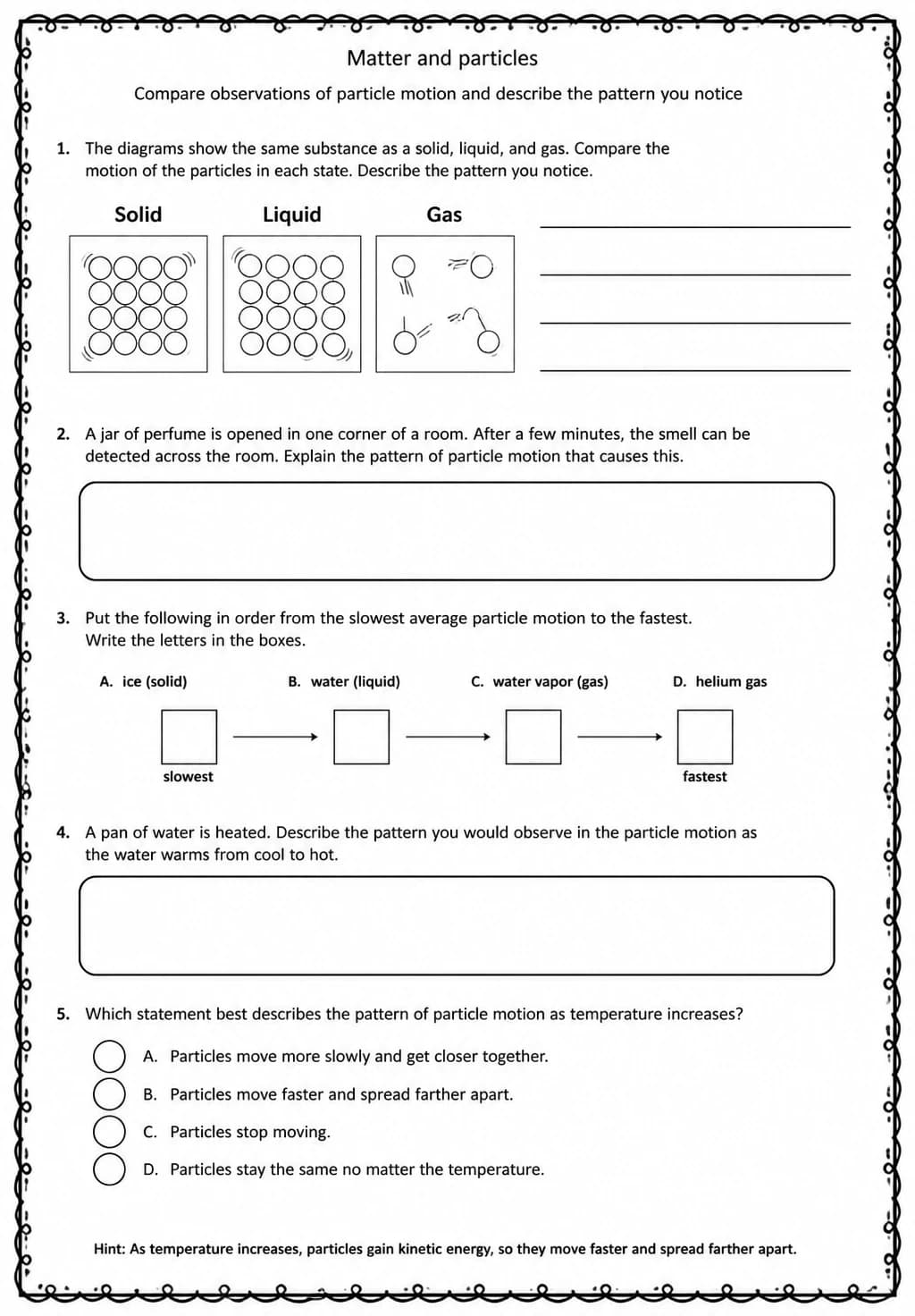 Compare observations of particle motion and describe the pattern you notice — free printable Middle School Science worksheet