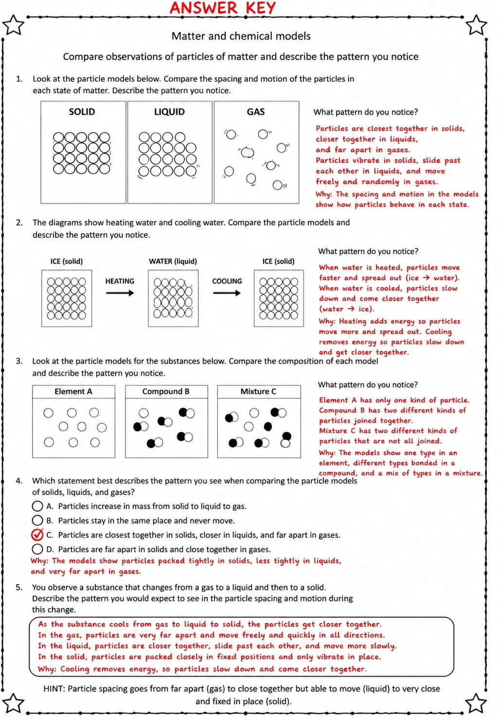 Answer key for Compare observations of particles of matter and describe the pattern you notice — free printable Science worksheet