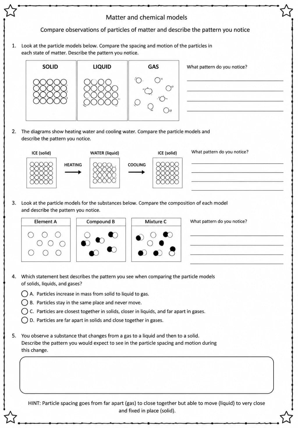 Compare observations of particles of matter and describe the pattern you notice — free printable Grade 5 Science worksheet