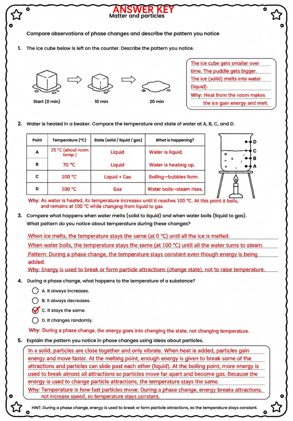 Answer key for Compare observations of phase changes and describe the pattern you notice — free printable Science worksheet
