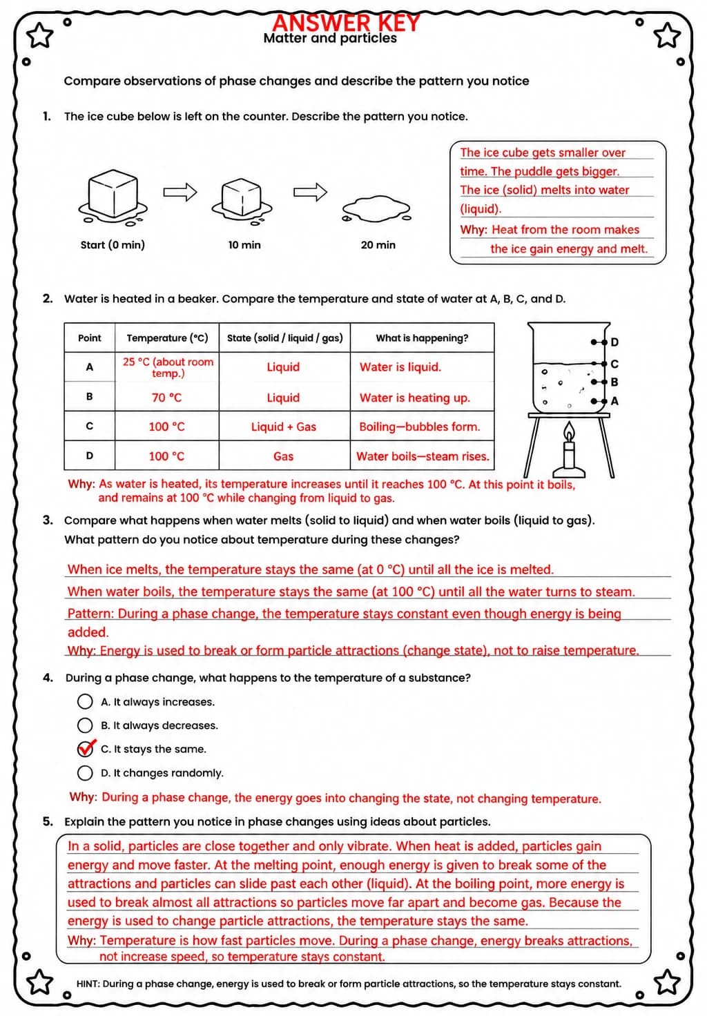 Answer key for Compare observations of phase changes and describe the pattern you notice — free printable Science worksheet