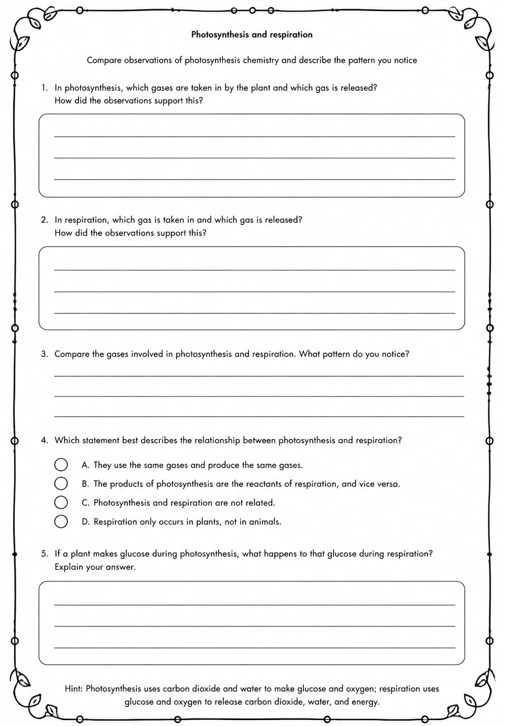 Compare observations of photosynthesis chemistry and describe the pattern you notice — free printable Middle School Science worksheet