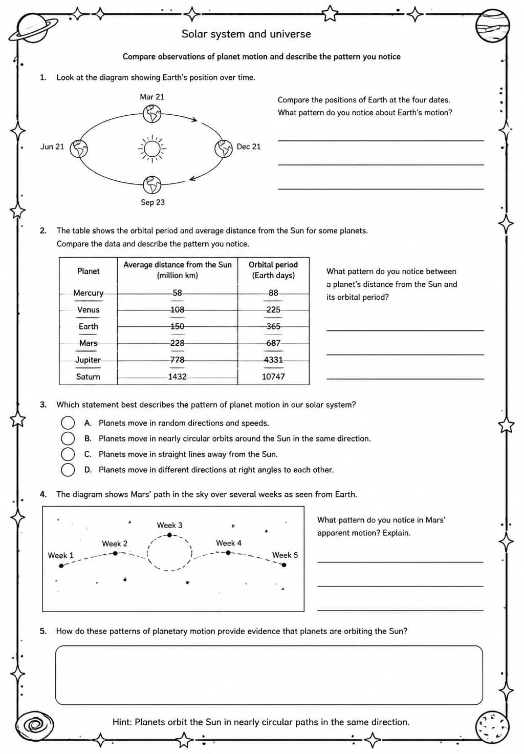 Compare observations of planet motion and describe the pattern you notice — free printable Middle School Science worksheet