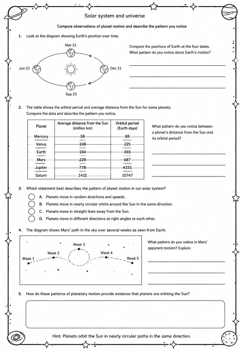 Compare observations of planet motion and describe the pattern you notice — free printable Middle School Science worksheet
