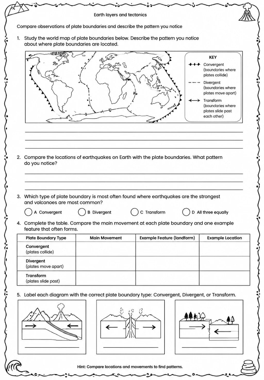 Compare observations of plate boundaries and describe the pattern you notice — free printable Middle School Science worksheet