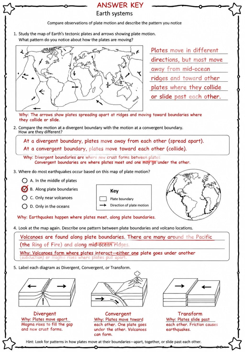 Answer key for Compare observations of plate motion and describe the pattern you notice — free printable Science worksheet