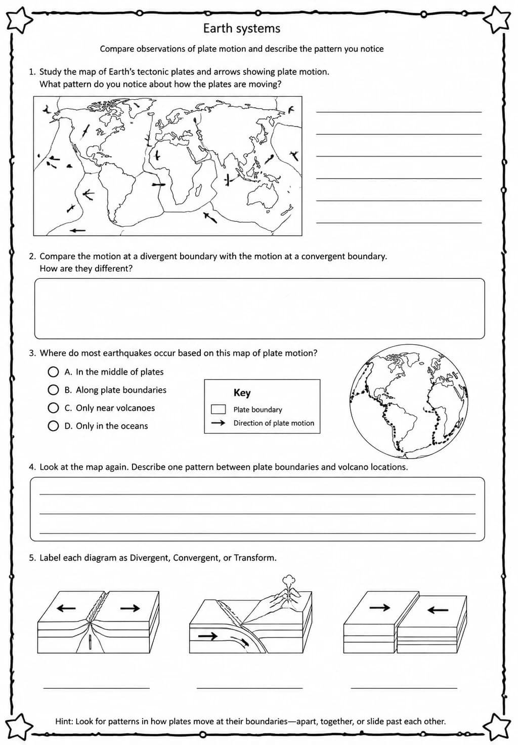 Compare observations of plate motion and describe the pattern you notice — free printable Middle School Science worksheet