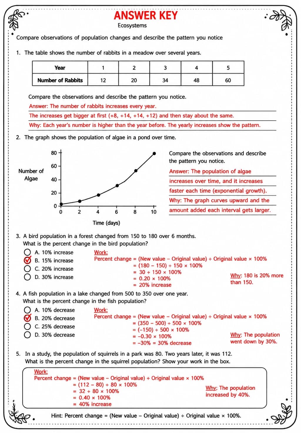 Answer key for Compare observations of population changes and describe the pattern you notice — free printable Science worksheet