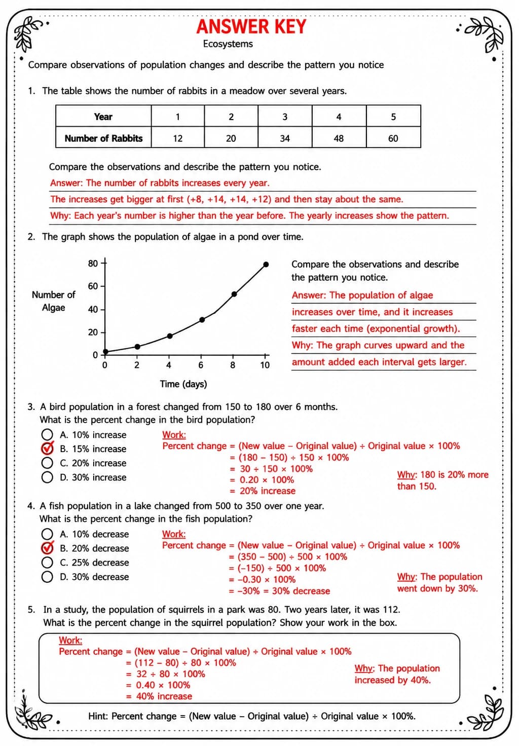 Answer key for Compare observations of population changes and describe the pattern you notice — free printable Science worksheet