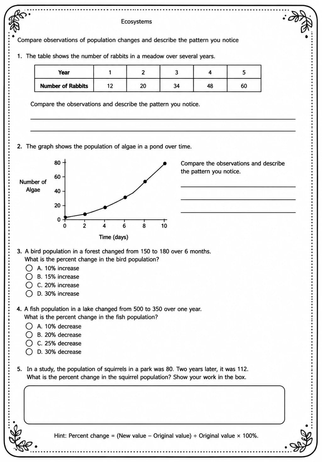 Compare observations of population changes and describe the pattern you notice — free printable Middle School Science worksheet