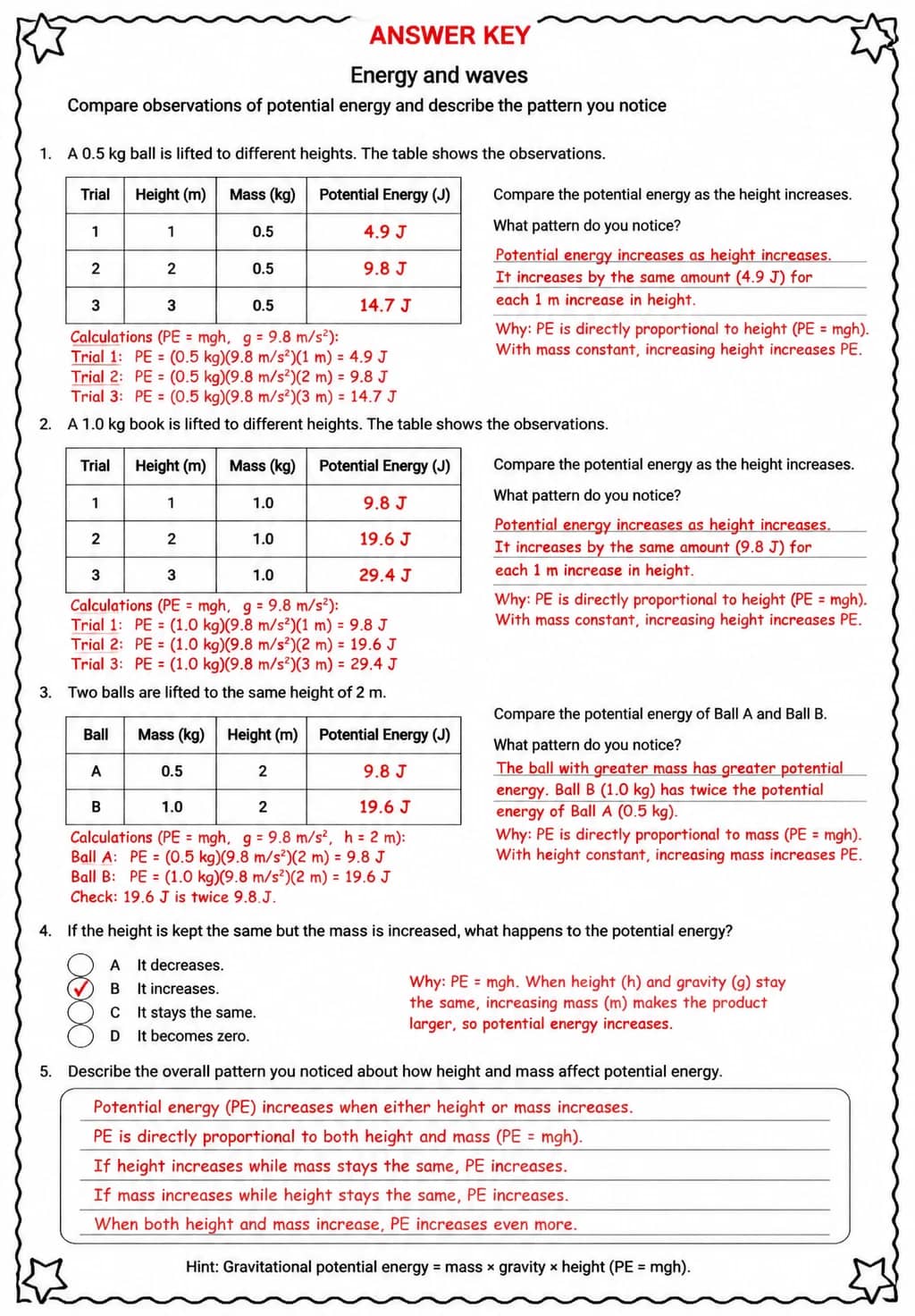 Answer key for Compare observations of potential energy and describe the pattern you notice — free printable Science worksheet