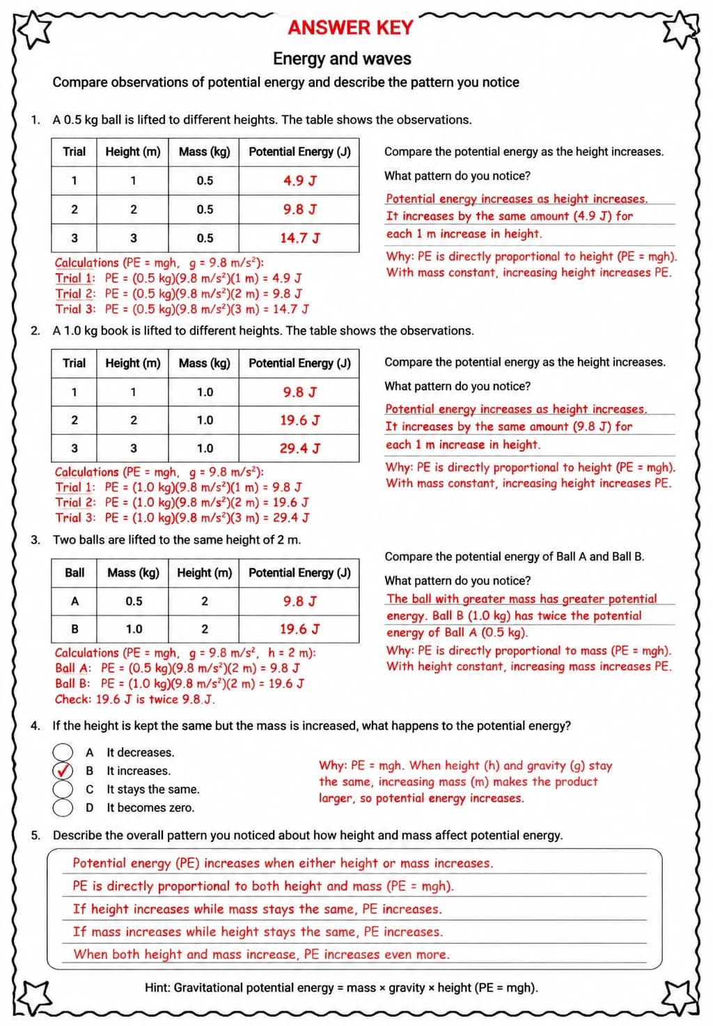 Answer key for Compare observations of potential energy and describe the pattern you notice — free printable Science worksheet
