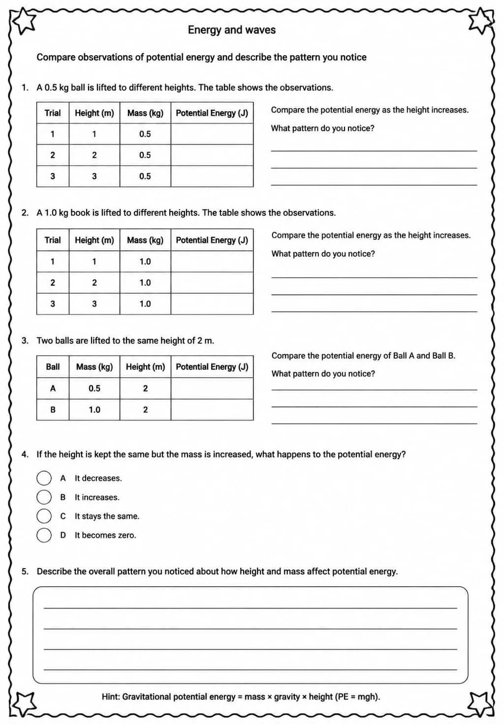 Compare observations of potential energy and describe the pattern you notice — free printable Middle School Science worksheet