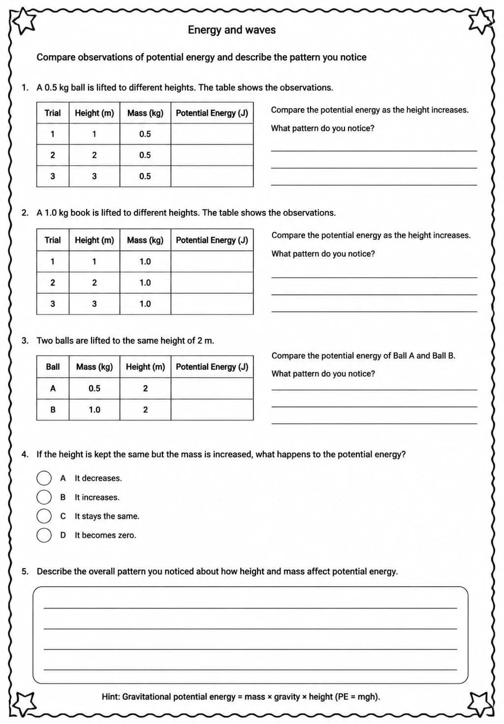 Compare observations of potential energy and describe the pattern you notice — free printable Middle School Science worksheet