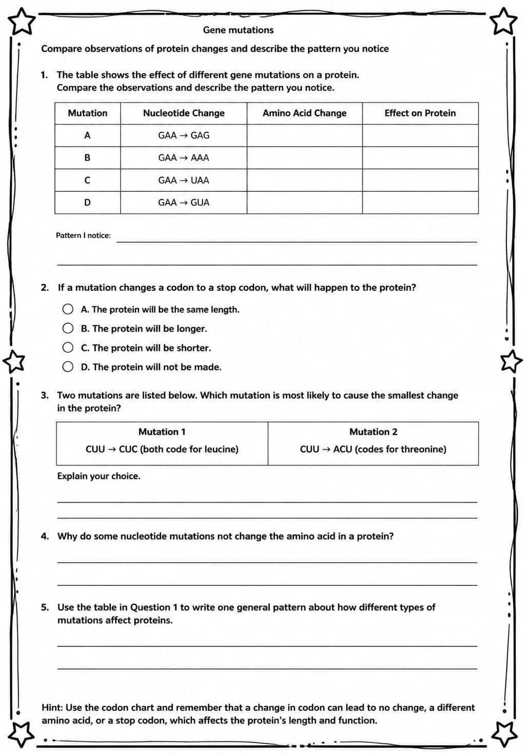 Compare observations of protein changes and describe the pattern you notice — free printable Middle School Science worksheet