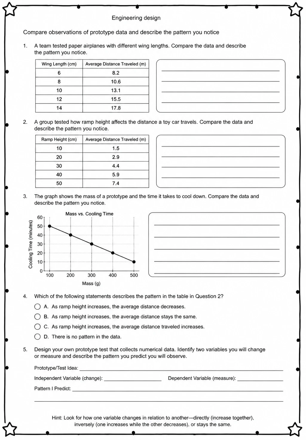 Compare observations of prototype data and describe the pattern you notice — free printable Middle School Science worksheet