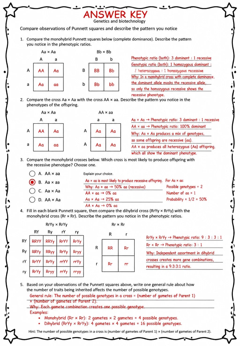 Answer key for Compare observations of Punnett squares and describe the pattern you notice — free printable Science worksheet