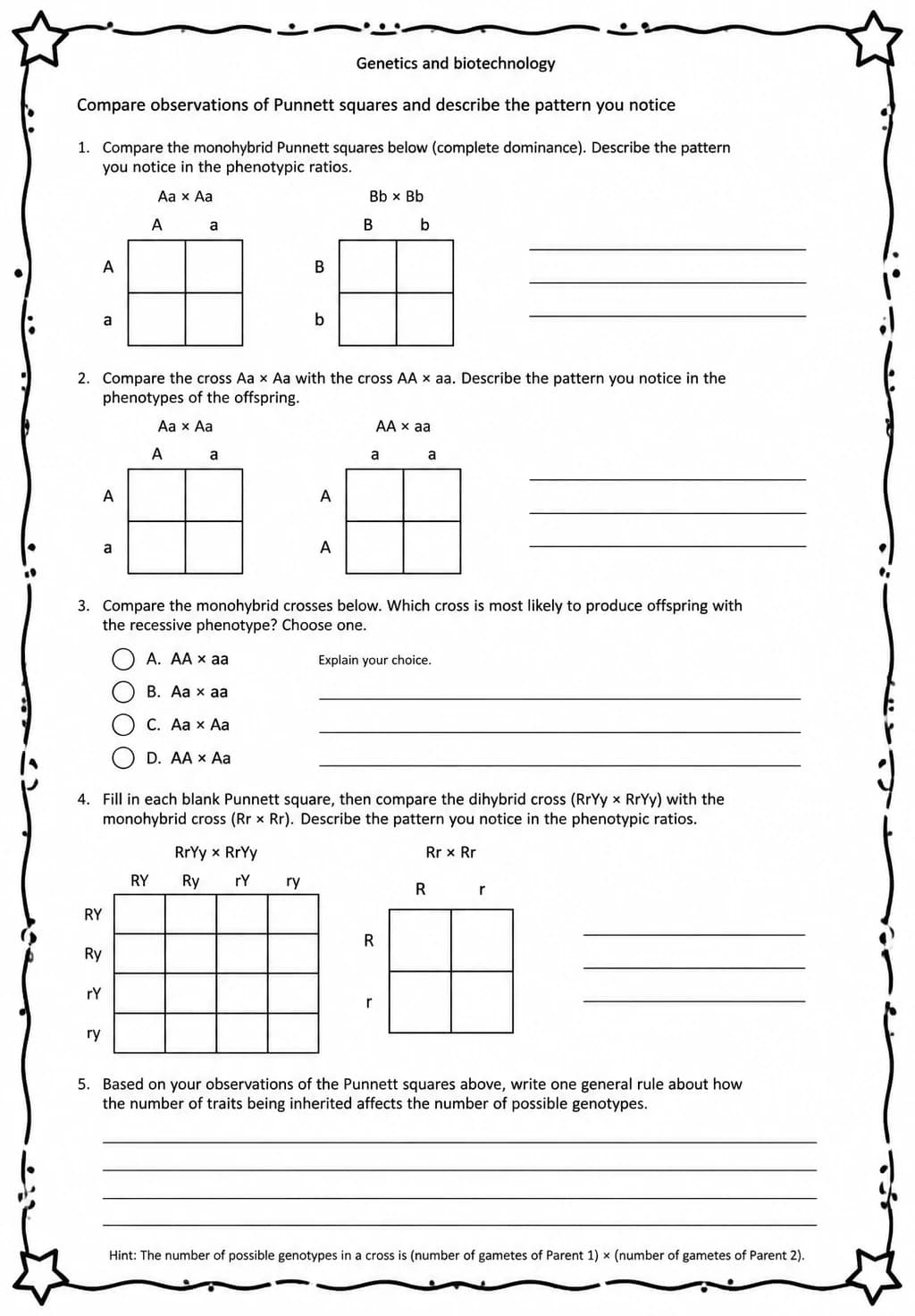 Compare observations of Punnett squares and describe the pattern you notice — free printable Middle School Science worksheet
