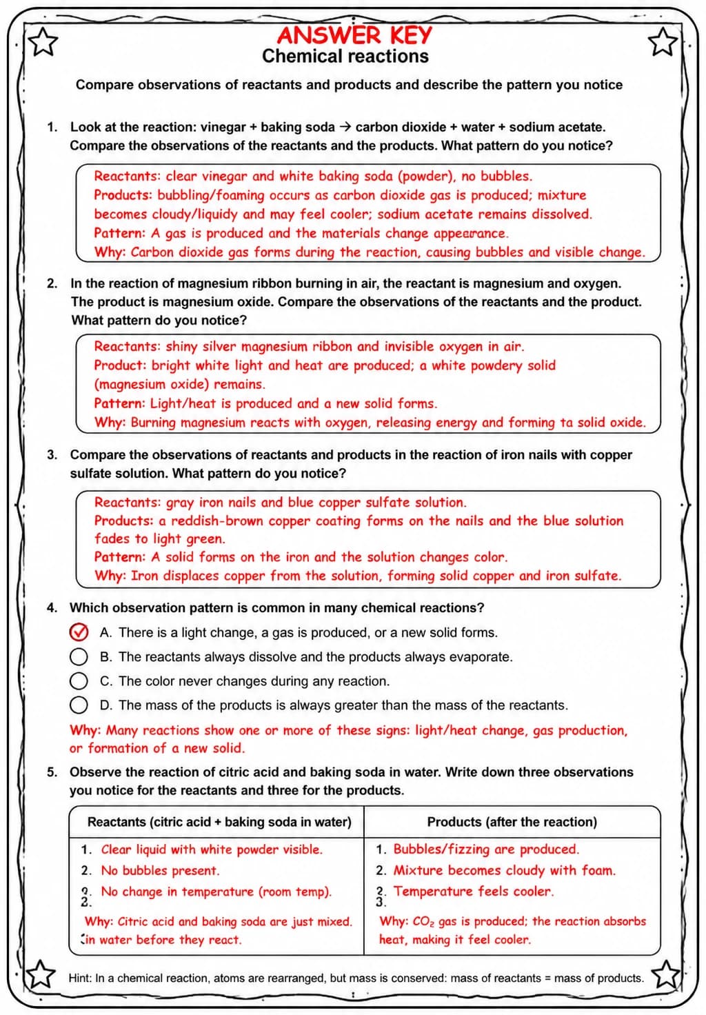 Answer key for Compare observations of reactants and products and describe the pattern you notice — free printable Science worksheet
