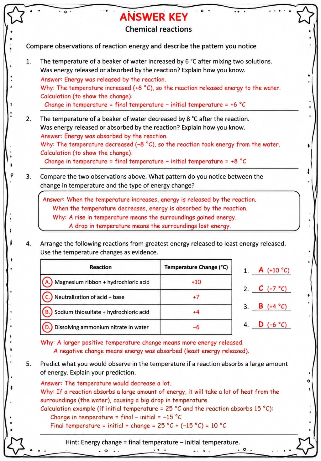 Answer key for Compare observations of reaction energy and describe the pattern you notice — free printable Science worksheet