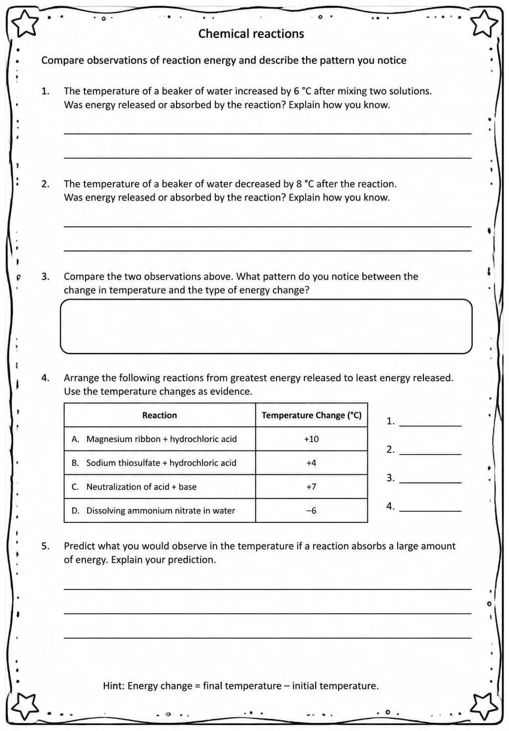 Compare observations of reaction energy and describe the pattern you notice — free printable Middle School Science worksheet