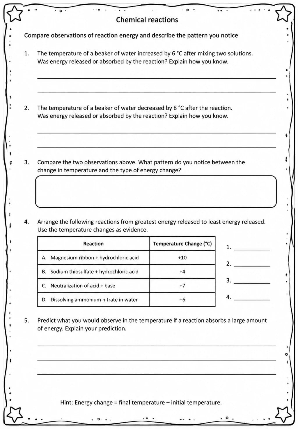 Compare observations of reaction energy and describe the pattern you notice — free printable Middle School Science worksheet