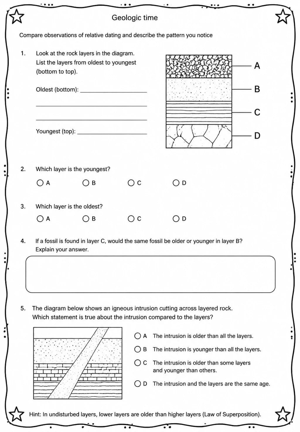 Compare observations of relative dating and describe the pattern you notice — free printable Middle School Science worksheet