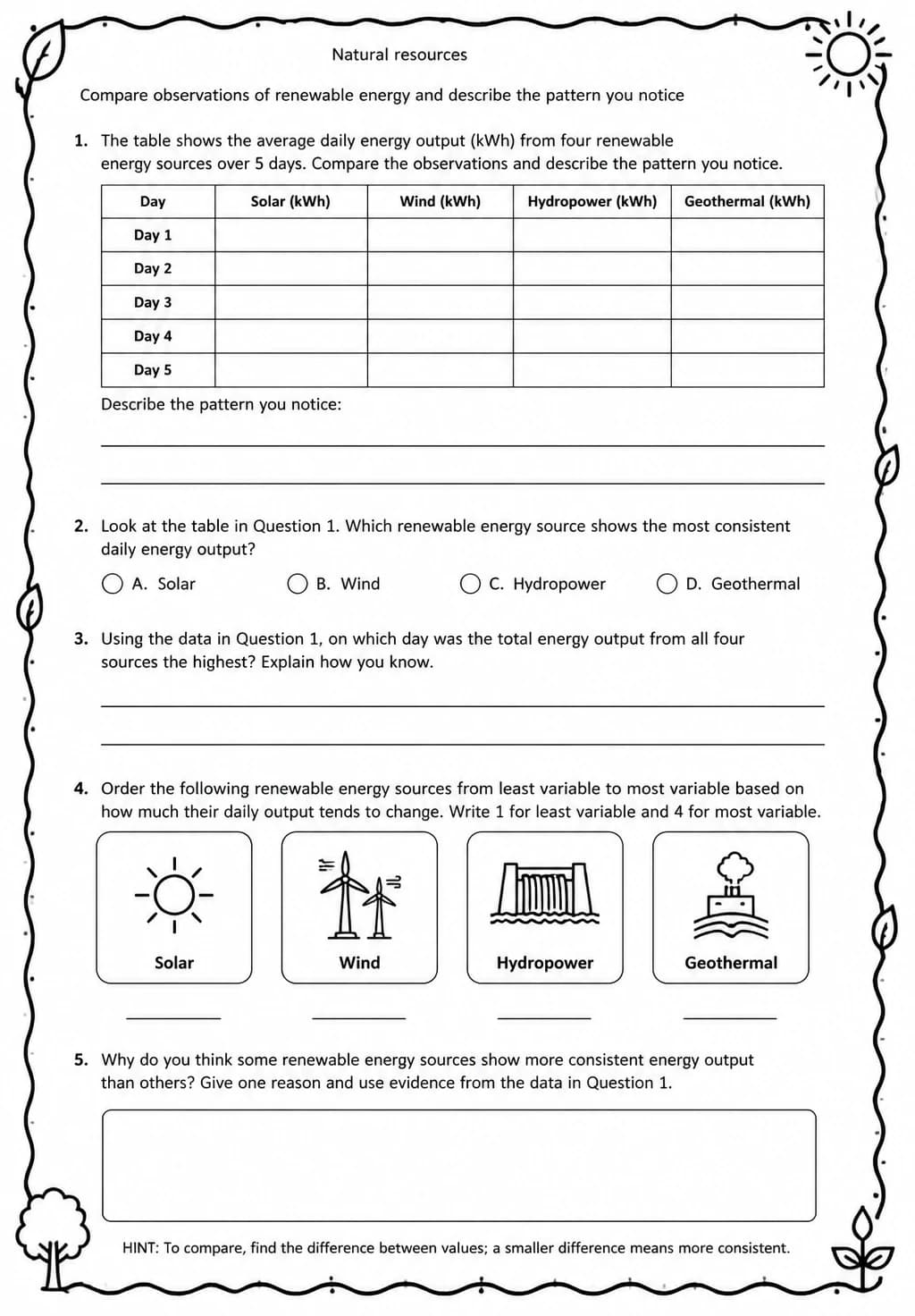 Compare observations of renewable energy and describe the pattern you notice — free printable Middle School Science worksheet