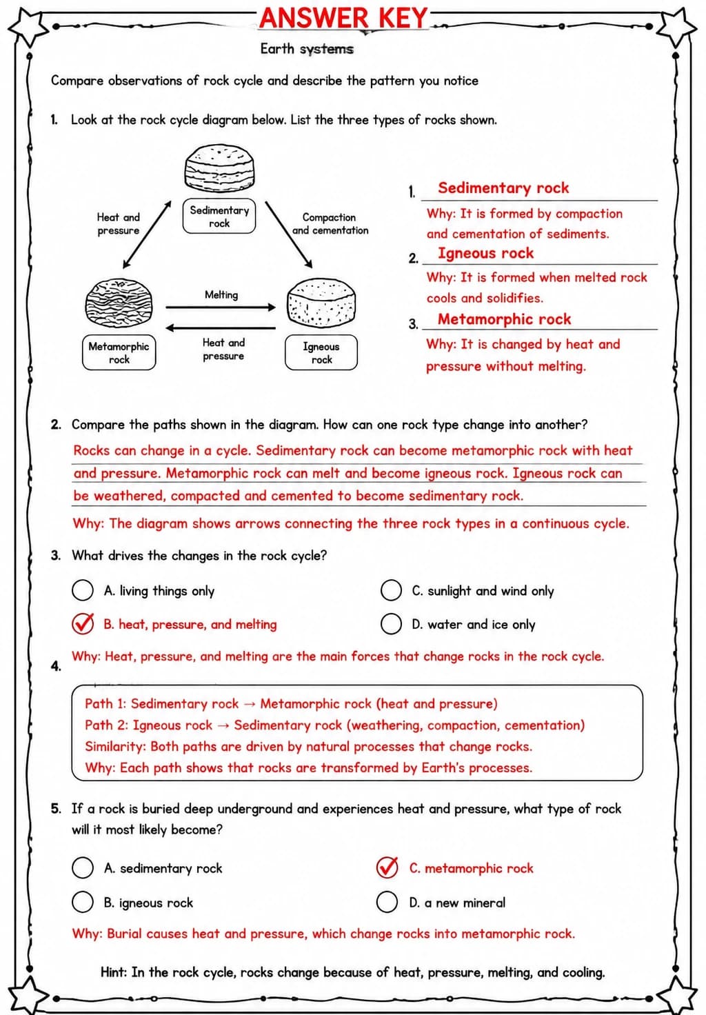 Answer key for Compare observations of rock cycle and describe the pattern you notice — free printable Science worksheet