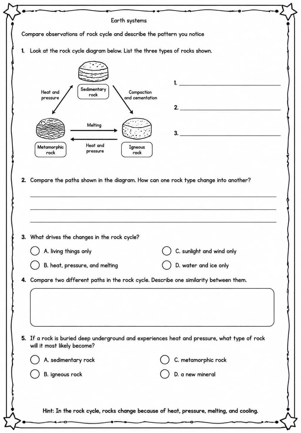 Compare observations of rock cycle and describe the pattern you notice — free printable Middle School Science worksheet