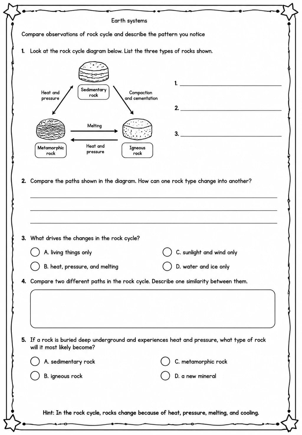 Compare observations of rock cycle and describe the pattern you notice — free printable Middle School Science worksheet