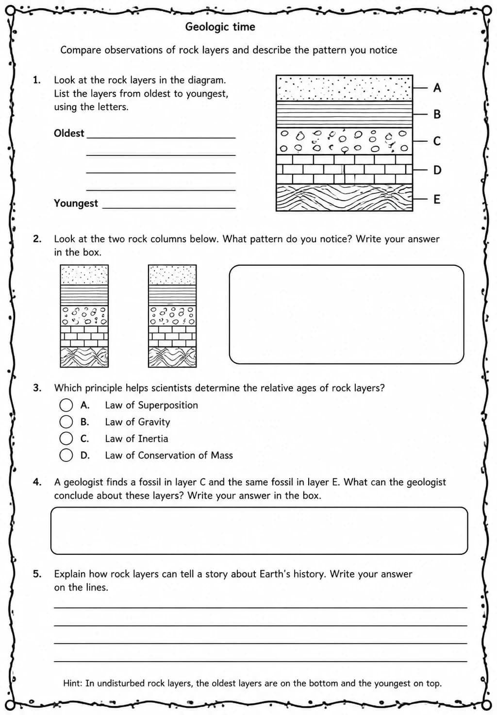 Compare observations of rock layers and describe the pattern you notice — free printable Middle School Science worksheet