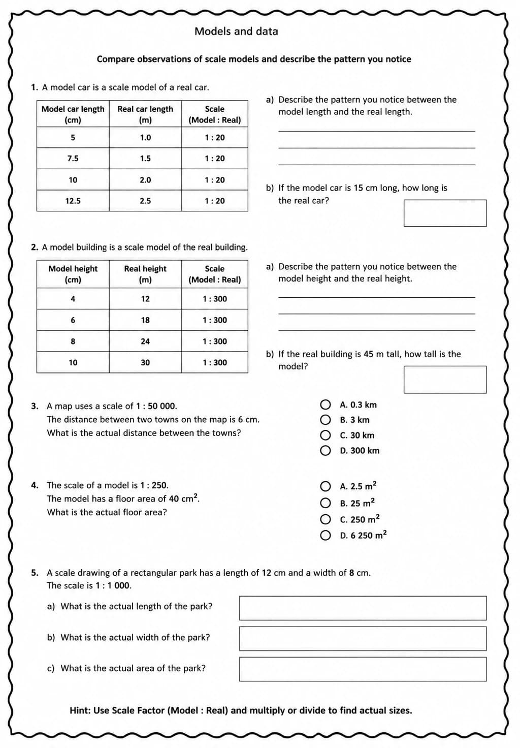 Compare observations of scale models and describe the pattern you notice — free printable Middle School Science worksheet