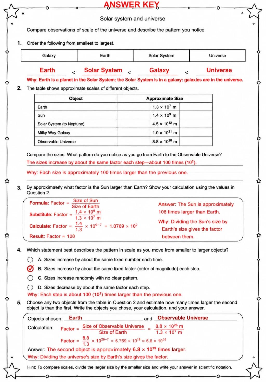 Answer key for Compare observations of scale of the universe and describe the pattern you notice — free printable Science worksheet