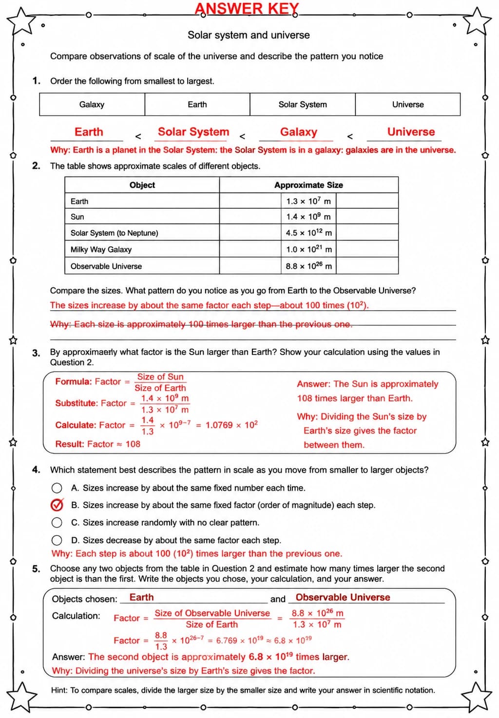 Answer key for Compare observations of scale of the universe and describe the pattern you notice — free printable Science worksheet